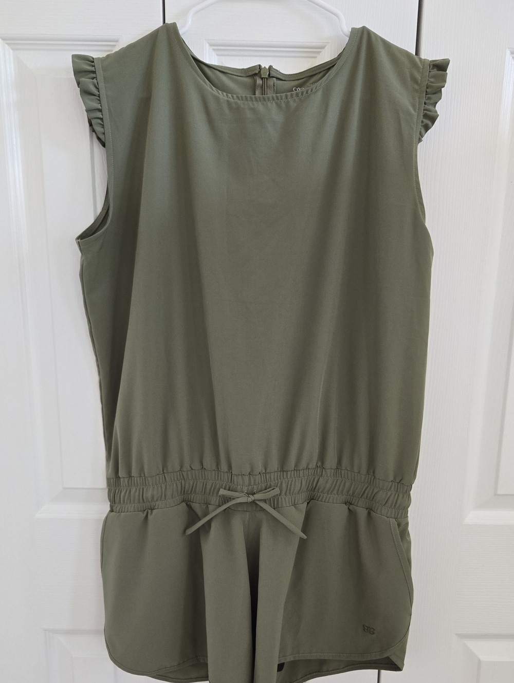 Albion Fit Ruffle Sleeve Sprinter Olive Green Drawstring Short Romper